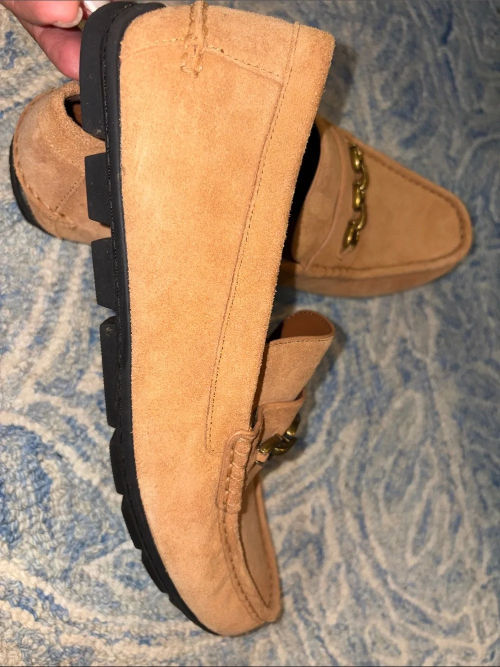 Coach Men's Suede Loafers in Tan with Gold Chain